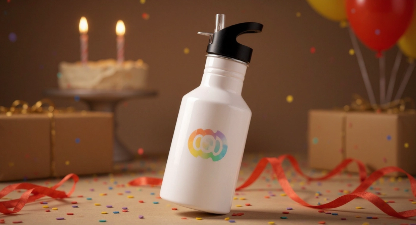 בקבוק טרמי עם קש מובנה על רקע מסיבת יום הולדת